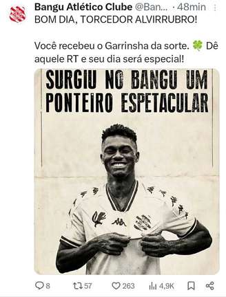 Nas redes sociais, Bangu faz alusão à manchete que coroou o Garrincha original para celebrar o seu Garrinsha – Reprodução