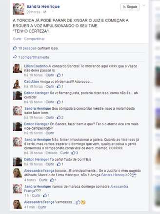 Mulher de árbitro carioca criticou Vasco no Facebook