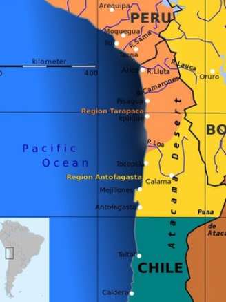 Mapa em inglês mostra como era a divisão antes: a Bolívia (em amarelo) chegava ao mar | Imagem: Wikimedia