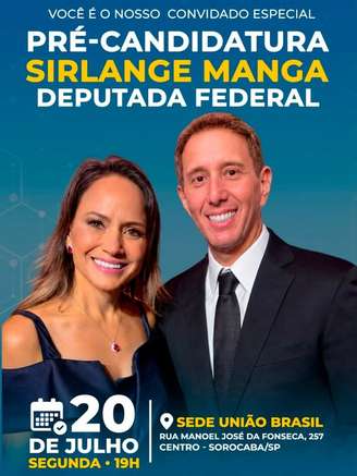 Manga também publicou convite nas redes sociais para lançamento da pré-candidatura da esposa pelo União Brasil
