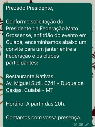 Convite para jantar oferecido pela Federação de Futebol do MT e recusado por Fla e Atlético-MG
