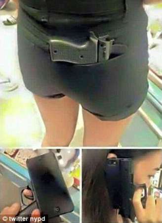 No bolso, capa de iphone parece uma arma real