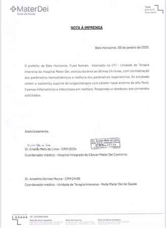 Hospital Mater Dei, de Belo Horizonte, divulga novo boletim médico sobre o estado de saúde do prefeito Fuad Noman (PSD).