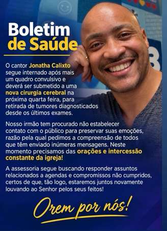 Em nota, equipe de Jonatha Calixto confirma nova cirurgia para retirada de tumores cerebrais na próxima semana.