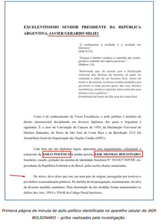 Página de documento em que Bolsonaro pede asilo na Argentina, segundo a Polícia Federal