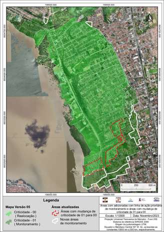 Mapa da Defesa Civil com as regiões afetadas pelo risco de afundamento