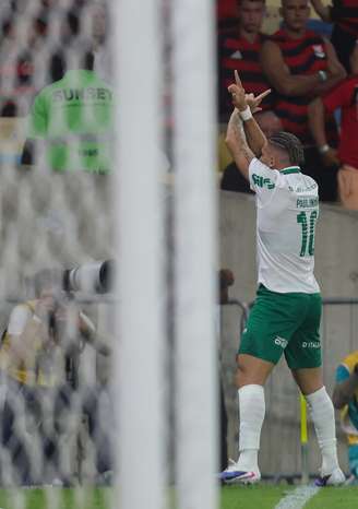Paulinho comemora vitória do Palmeiras sobre o Flamengo no Maracanã.