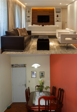 Para iluminar a sala de Ana Marcia (foto debaixo), paredes e decoração em tons frios 