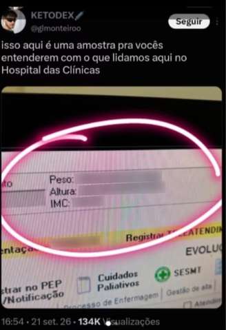 Publicação de Guilherme Lourenço Monteiro no X mostrava peso, altura e IMC do paciente antes de ser excluída