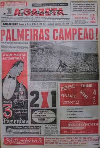 Primeira página do jornal A Gazeta Esportiva retrata a conquista palmeirense no Paulista de 1959