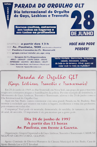 Cartaz da 1ª Parada LGBT+, em 1997
