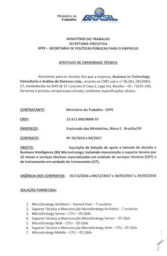 Documento acessado pelo 'Estado' que atesta a capacidade técnica da B2T pelo extinto Ministério do Trabalho em 2018