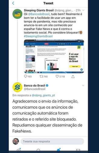 Site alerta BB sobre publicidade em site acusado de disseminar fake news, e BB respondeu ao perfil também pelo Twitter: ‘Repudiamos qualquer disseminação de fake news’ 