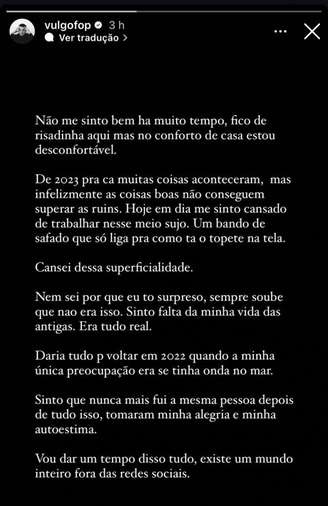 Ex-BBB Gabriel Fop faz forte desabafo e reclama da fama