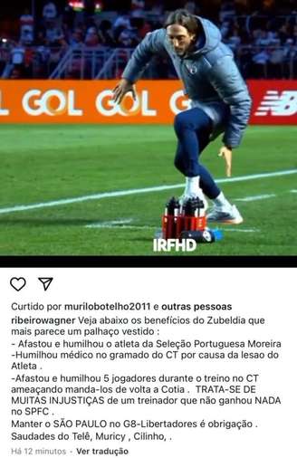 Publicação de Wagner Ribeiro com acusações contra Zubeldía.