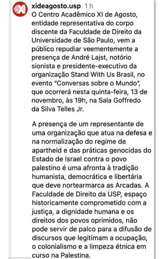 Publicação de centro acadêmico nas redes foi seguido de ameaças à realização da palestra