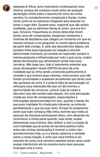 Wanessa fala sobre 'rivalidades' com Sandy —