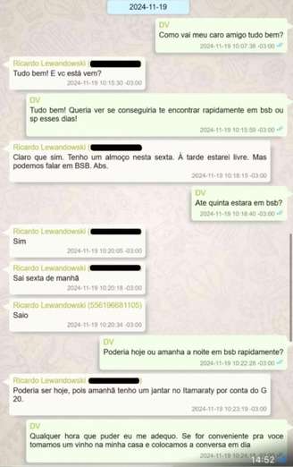 Trecho de conversa entre Vorcaro e Lewandowski em 19 de novembro de 2024.