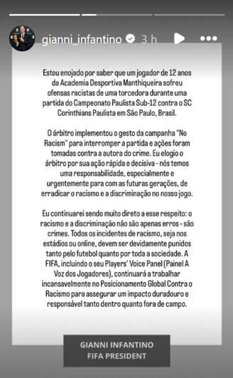 Pronunciamento de Gianni Infantino sobre o recente caso de racismo na partida do Campeonato Paulista Sub-12.