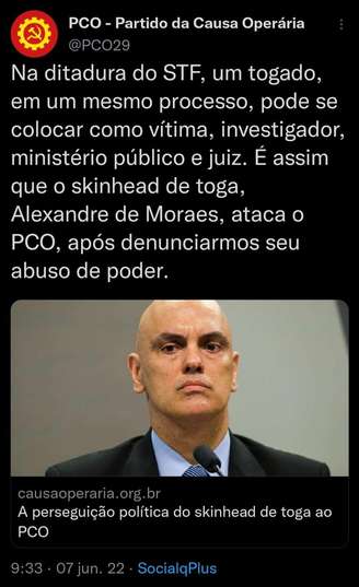 Tweet publicado pelo PCO em 7 de junho se refere a Moraes como