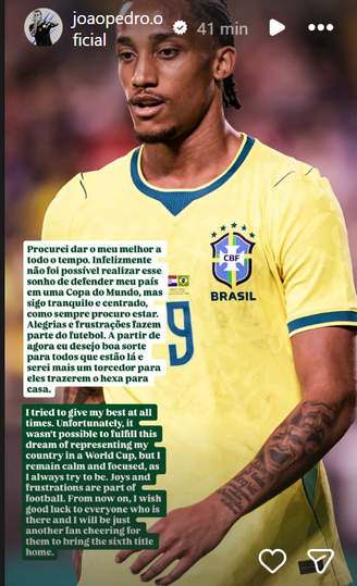 João Pedro faz publicação sobre ausência em convocação