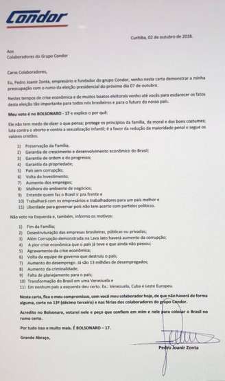 Carta de Pedro Joanir Zonta, presidente do Grupo Condor, direcionada aos funcionários com motivos para votar em Bolsonaro