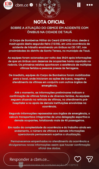 Comunicado Corpo de Bombeiros Militar do Ceará sobre o acidente