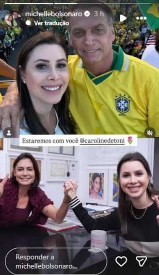Ex-primeira-dama Michelle Bolsonaro publicou mensagem a Caroline de Toni em rede social