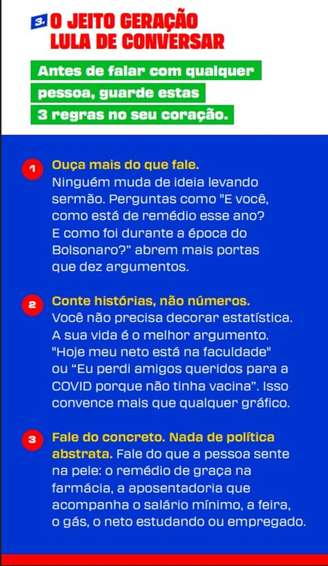 Cartilha tem três orientações principais para apoiadores falarem sobre Lula.