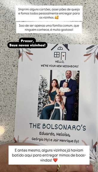 Esposa de Eduardo Bolsonaro publica cartão que entregou aos novos vizinhos nos EUA