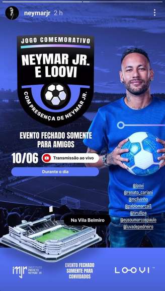 Publicação de Neymar anuncia convidados para jogo comemorativo no próximo dia 10, data em que seleção brasileira enfrenta o Paraguai