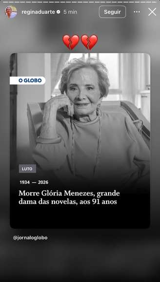 Regina Duarte lamenta morte de Gloria Menezes.