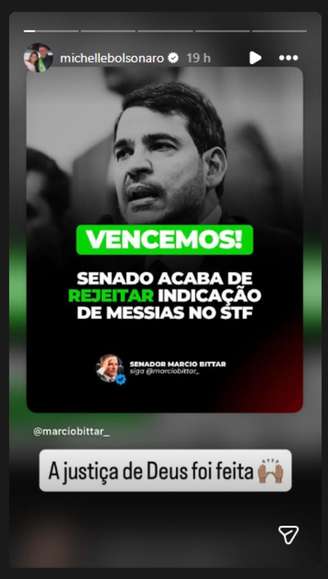 Michelle Bolsonaro compartilhou uma publicação em rede social em que afirmou que 'a Justiça de Deus foi feita'