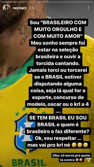 Neymar usou o stories do Instagram para criticar torcida brasileira pela Argentina