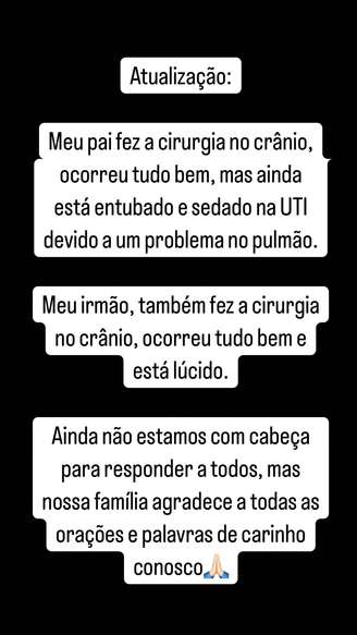 Publicação de Alexandre Edward sobre estado de saúde de seu pai e irmão