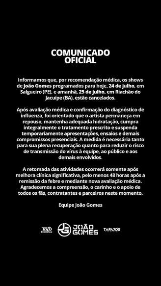 Comunicado sobre saúde de João Gomes — Foto: Reprodução | Instagram