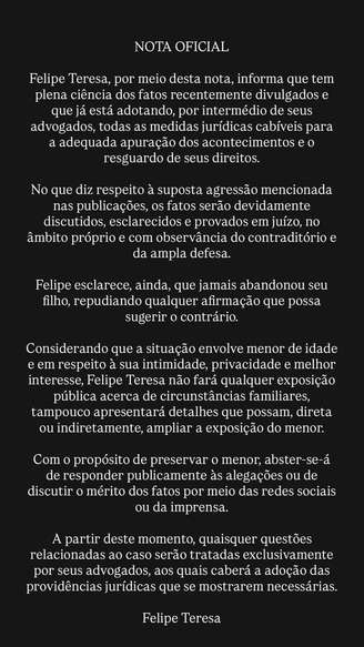 Felipe Teresa emitiu uma nota afirmando que já tomou as medidas judiciais