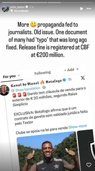 Textor diz que multa rescisória de Danilo para o exterior é de 200 milhões de euros
