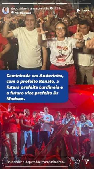 Deputado federal Elmar Nascimento (União-BA) participa de comício e caminhada com chapa formada por petista em Andorinha, no norte da Bahia.