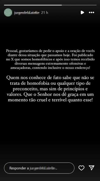 Postagem de responsável pela empresa, após divulgação do caso: "Princípios e valores"