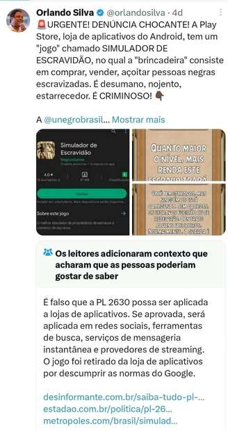 Print mostra tuíte do deputado Orlando Silva e nota dos usuários do Twitter que diz que mensagem contém desinformação