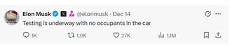 Elon Musk publicou, no X, que "o teste sem ocupantes está em andamento"