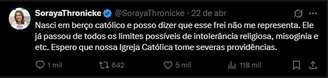 Senadora Soraya Thronicke acusa frei Gilson de misoginia em post nas redes sociais —